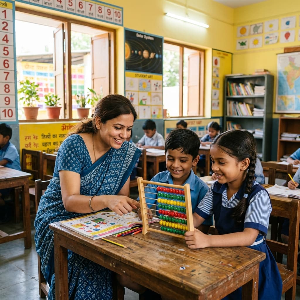 Teacher guiding students with abacus at RLC